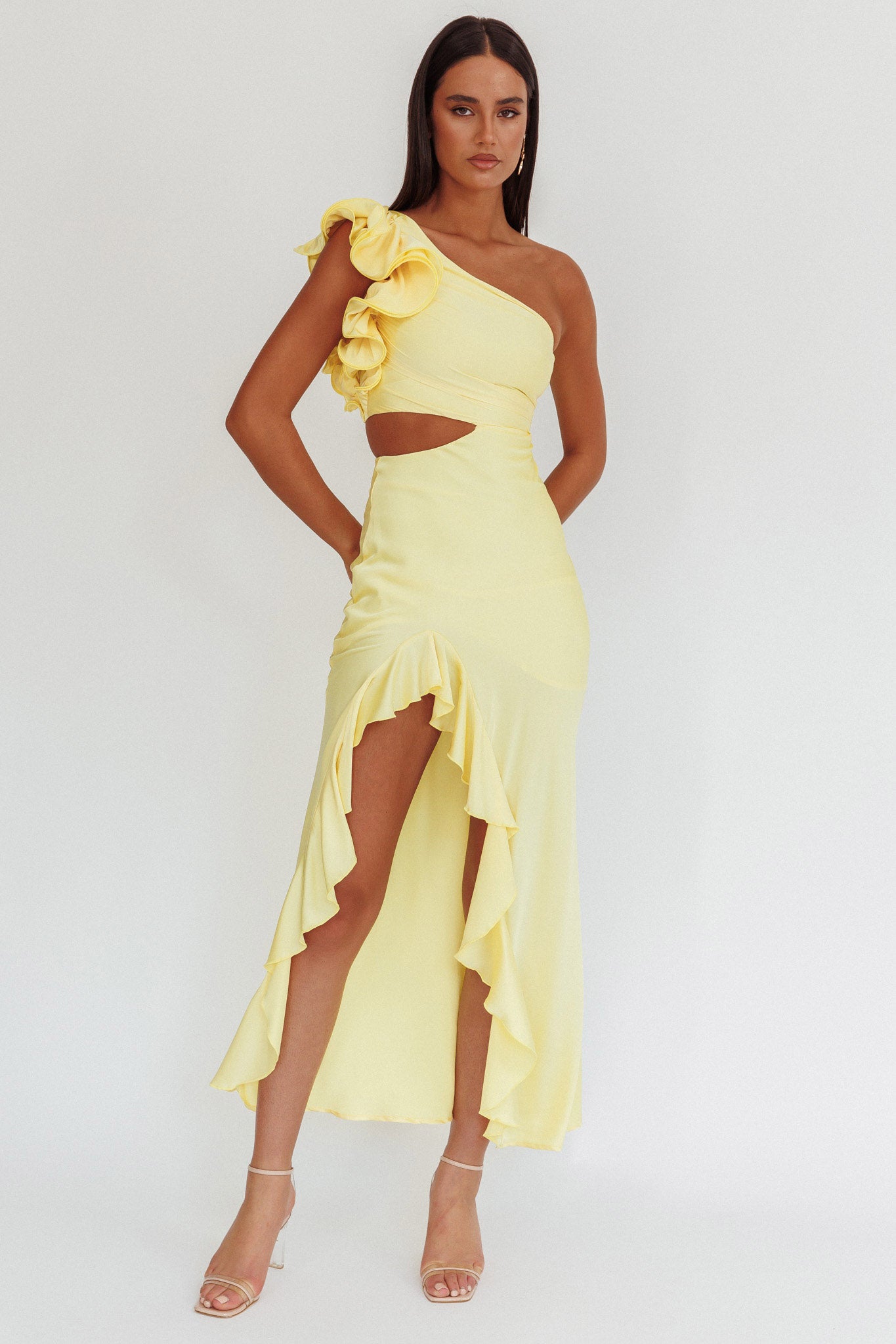 Deanna One-Shoulder Split Maxi Dress Yellow by Selfie Leslie Australia