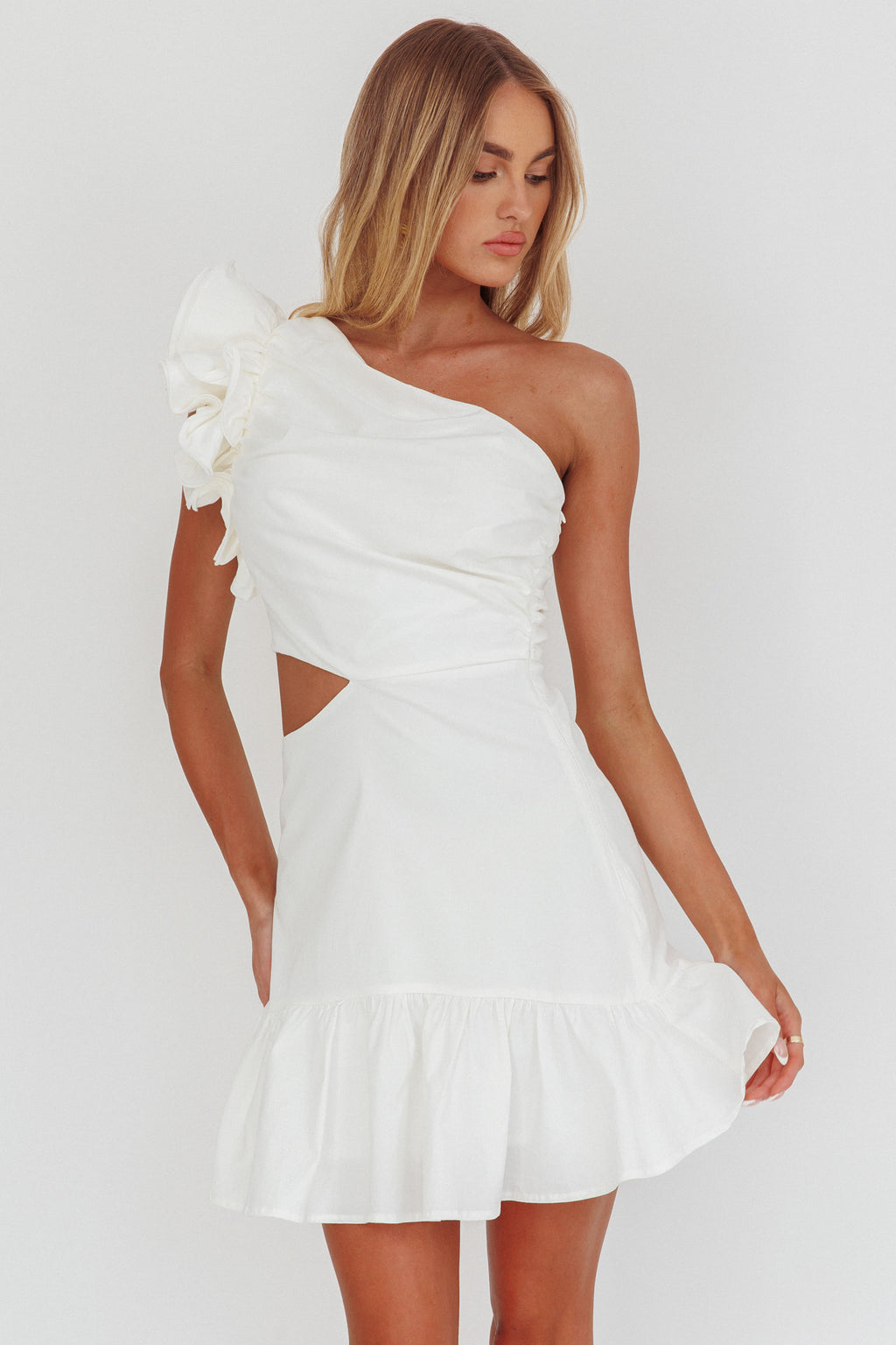 Deanna One-Shoulder Cut-Out Mini Dress White by Selfie Leslie Australia
