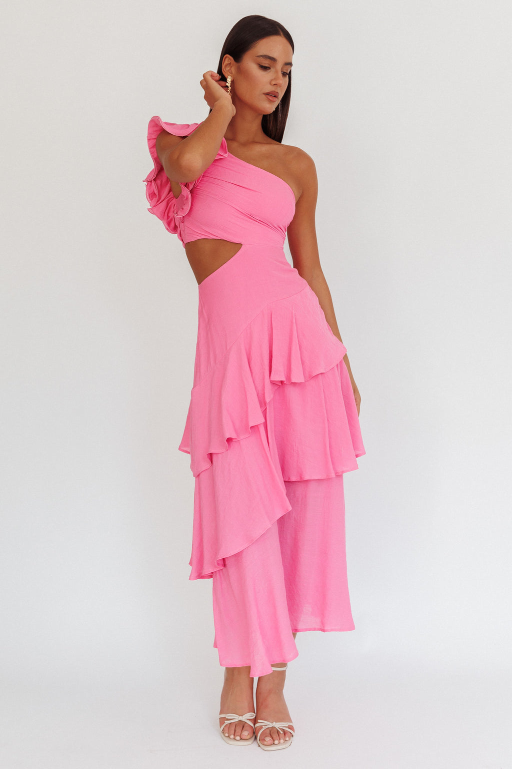 Deanna One-Shoulder Tiered Maxi Dress Pink by Selfie Leslie Australia