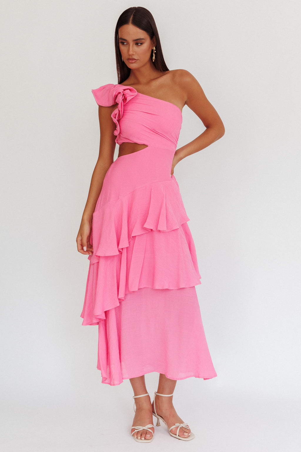 Deanna One-Shoulder Tiered Maxi Dress Pink by Selfie Leslie Australia