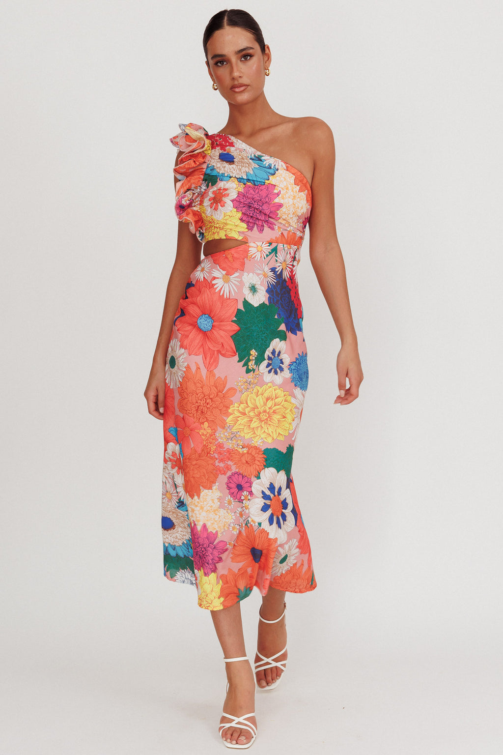 Deanna One-Shoulder Ruffle Floral Maxi Dress Orange by Selfie Leslie Australia