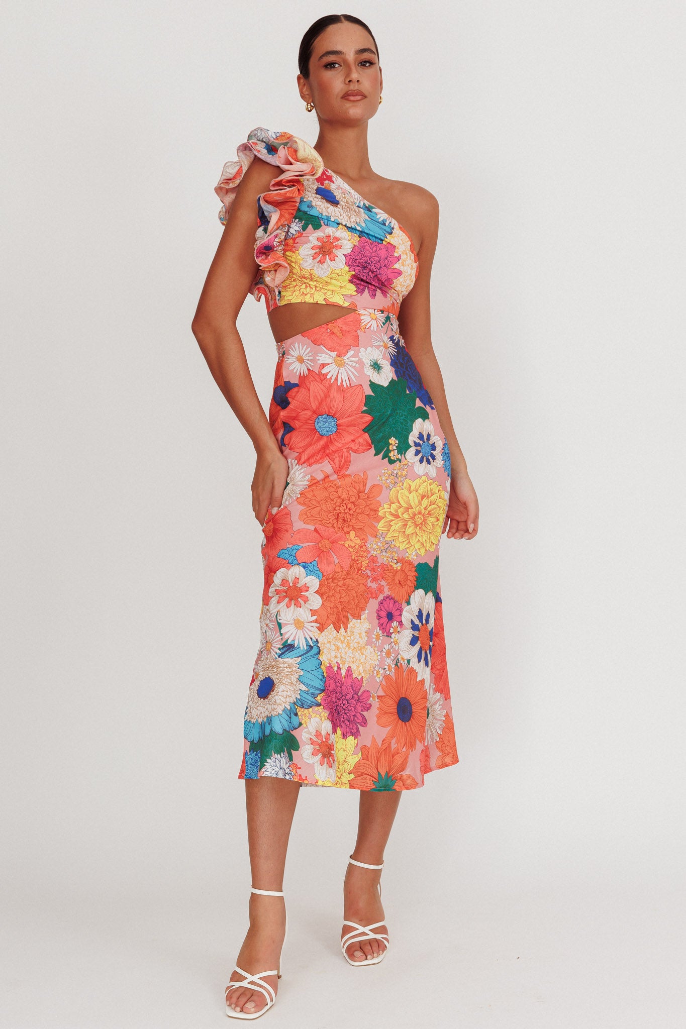Deanna One-Shoulder Ruffle Floral Maxi Dress Orange by Selfie Leslie Australia