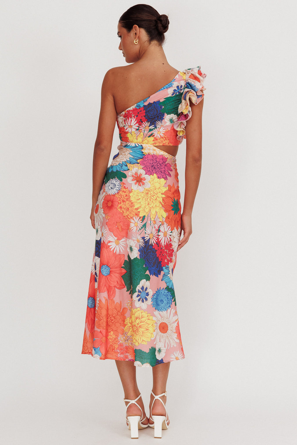 Deanna One-Shoulder Ruffle Floral Maxi Dress Orange by Selfie Leslie Australia