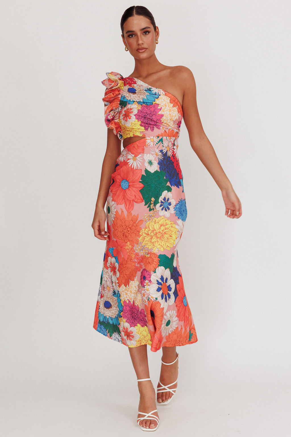 Deanna One-Shoulder Ruffle Floral Maxi Dress Orange by Selfie Leslie Australia
