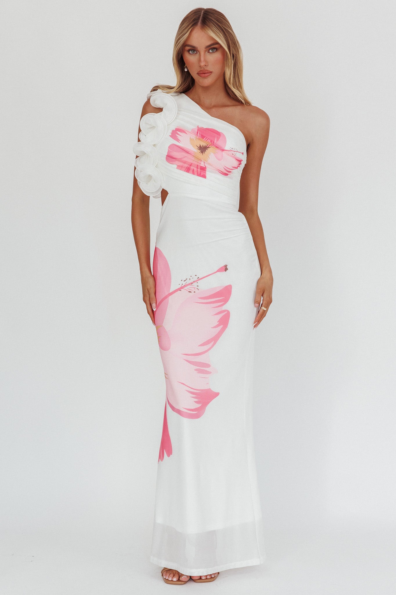 Deanna One-Shoulder Ruffle Maxi Dress Hibiscus White by Selfie Leslie Australia
