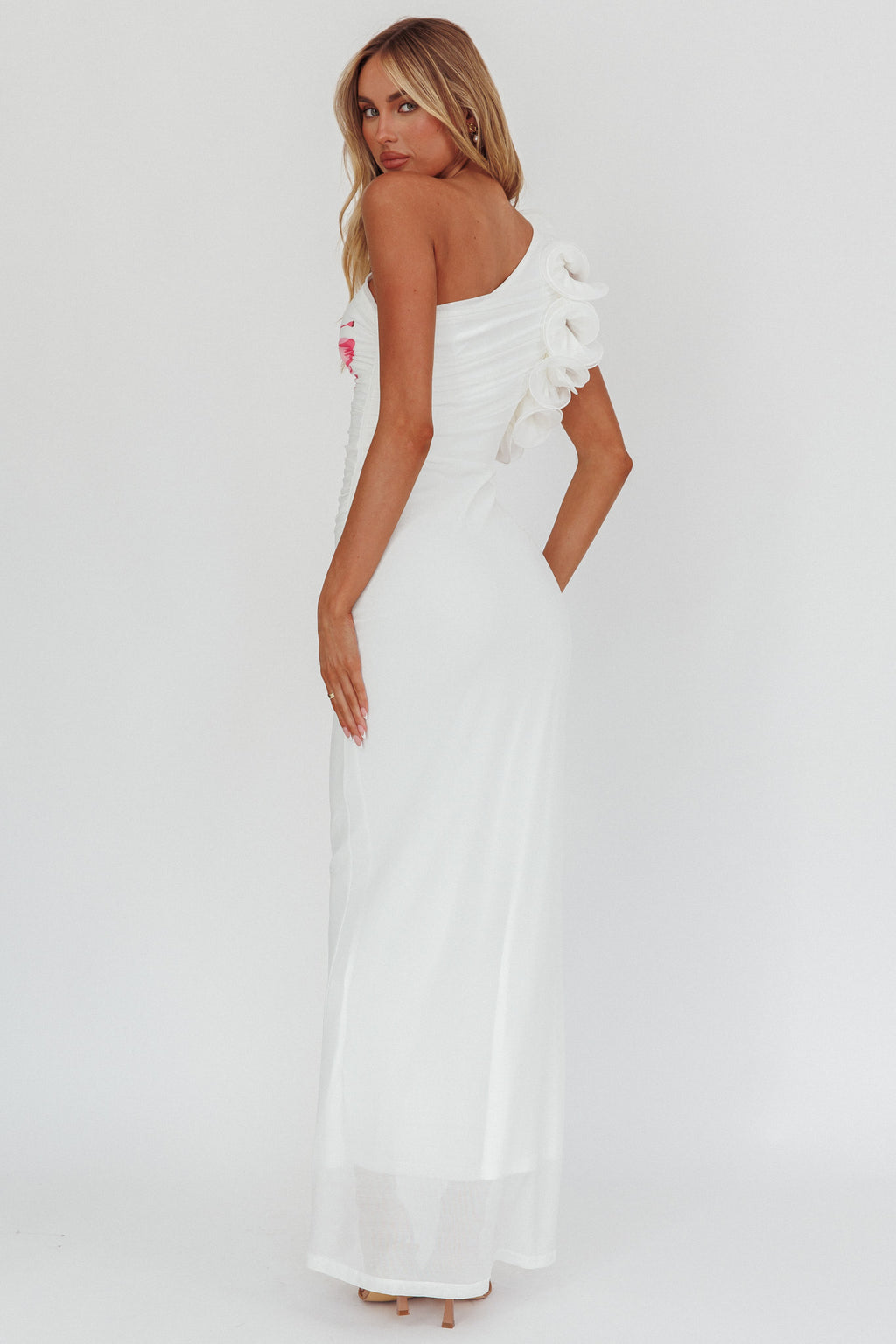 Deanna One-Shoulder Ruffle Maxi Dress Hibiscus White by Selfie Leslie Australia