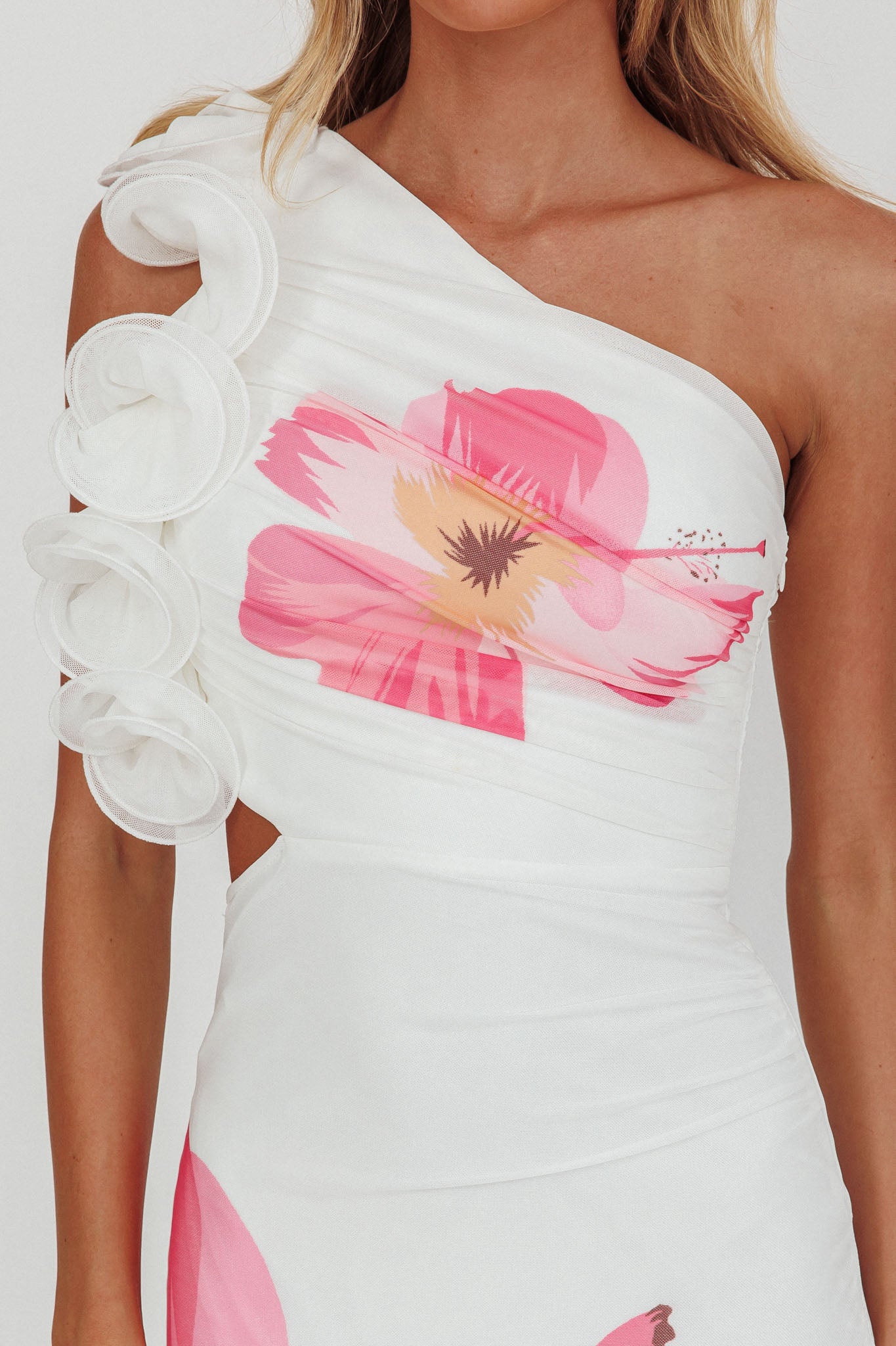 Deanna One-Shoulder Ruffle Maxi Dress Hibiscus White by Selfie Leslie Australia