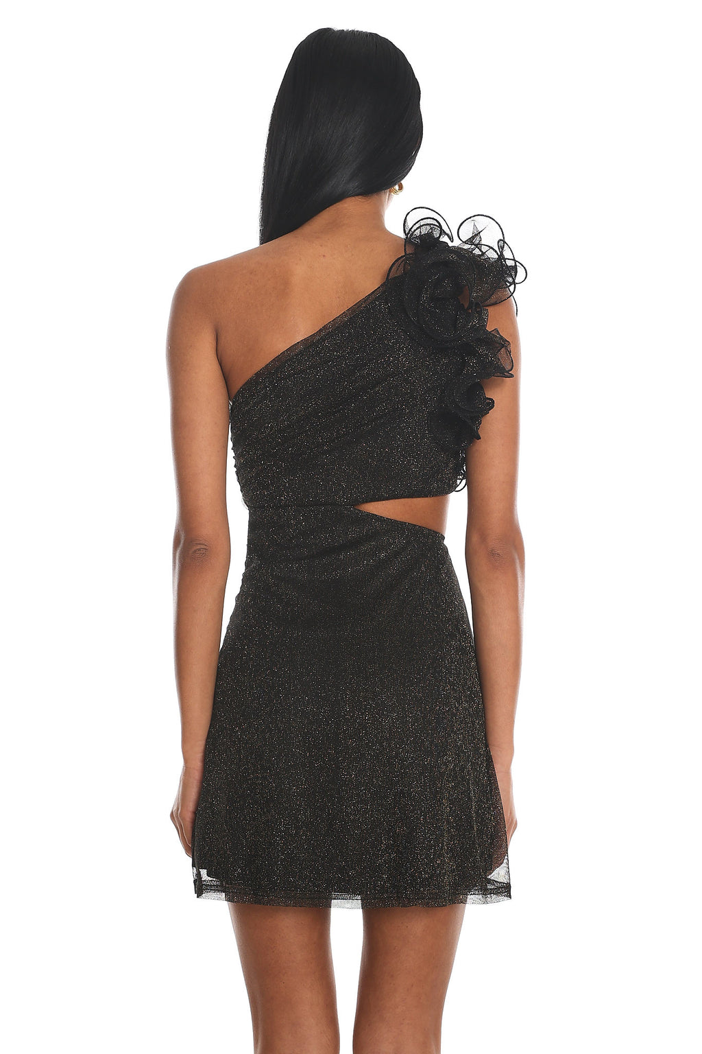 Deanna One-Shoulder Ruffle Mini Dress Glitter Black by Selfie Leslie Australia