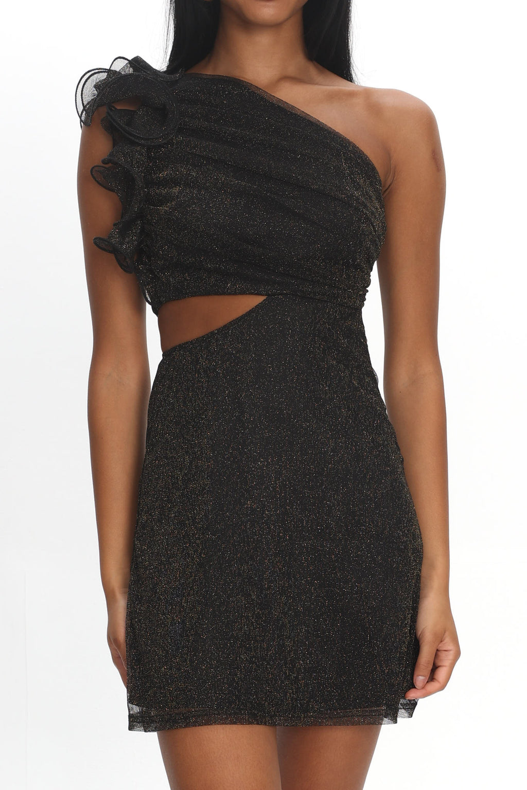 Deanna One-Shoulder Ruffle Mini Dress Glitter Black by Selfie Leslie Australia