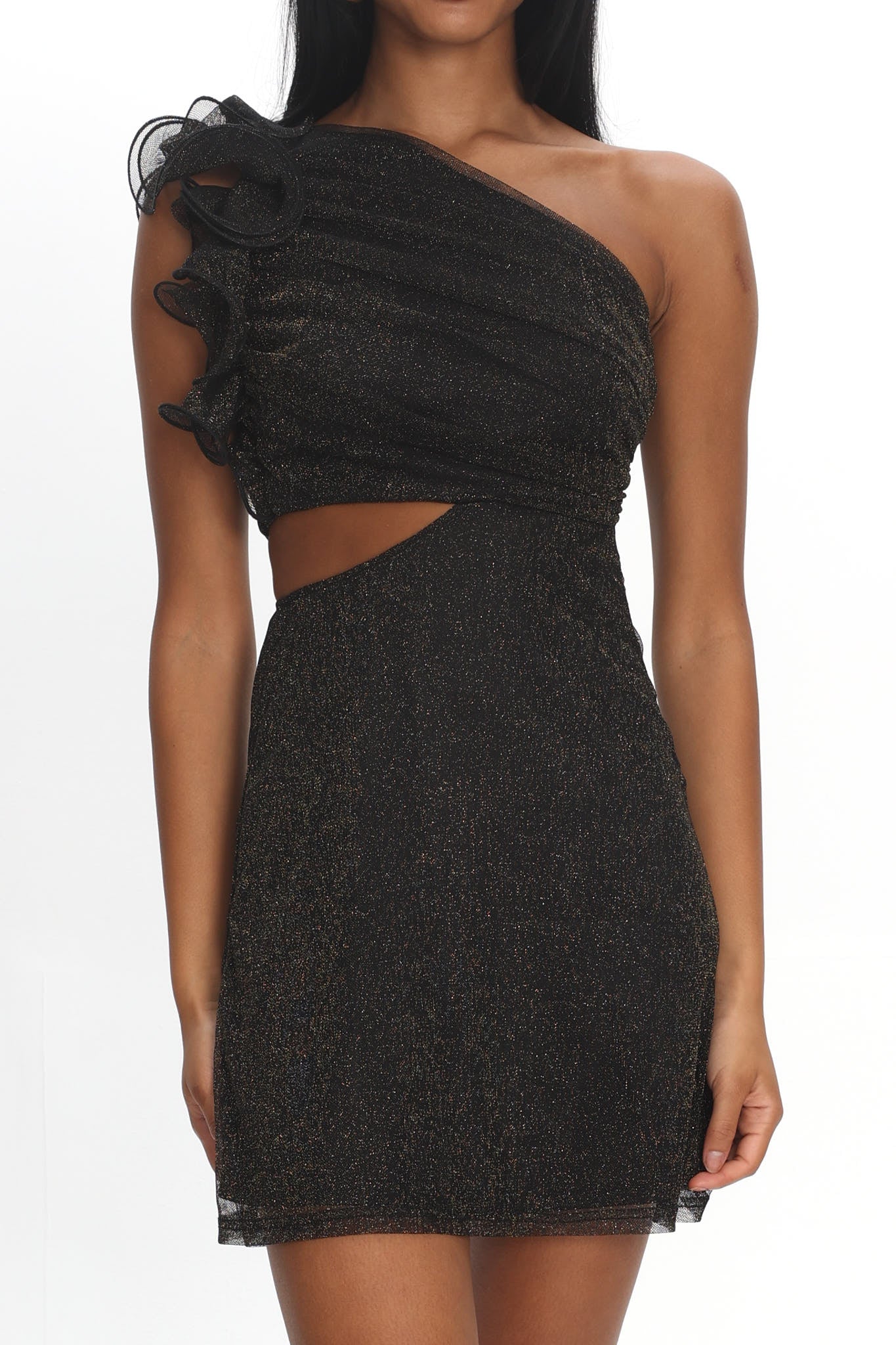 Deanna One-Shoulder Ruffle Mini Dress Glitter Black by Selfie Leslie Australia