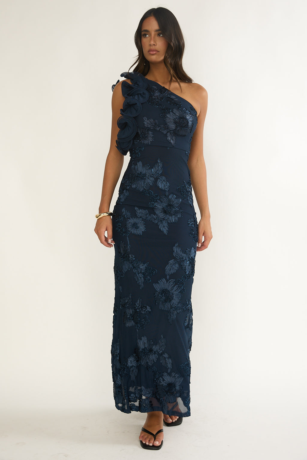 Deanna One-Shoulder Ruffle Maxi Dress Floral Navy by Selfie Leslie Australia