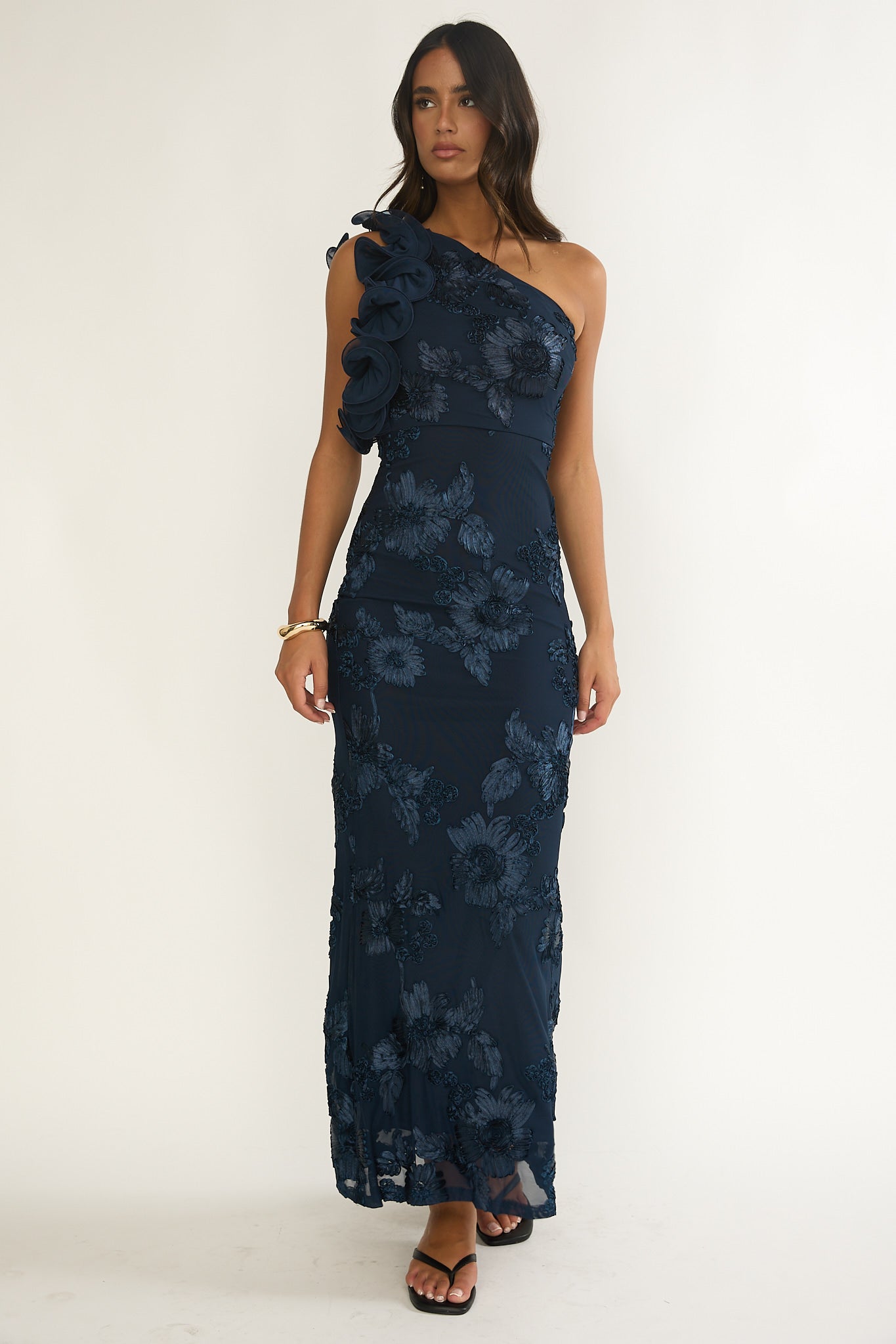 Deanna One-Shoulder Ruffle Maxi Dress Floral Navy by Selfie Leslie Australia