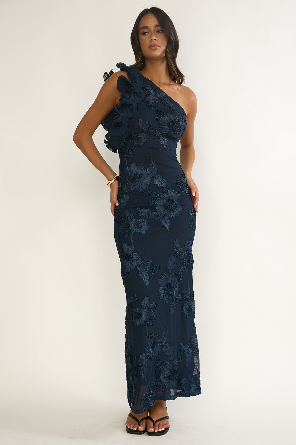 Deanna One-Shoulder Ruffle Maxi Dress Floral Navy by Selfie Leslie Australia