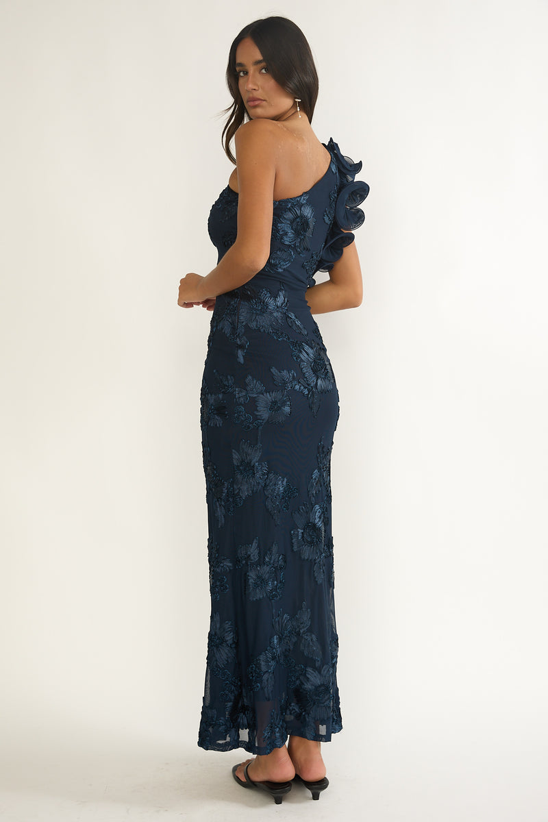 Shop the Deanna One-Shoulder Ruffle Maxi Dress Floral Navy
