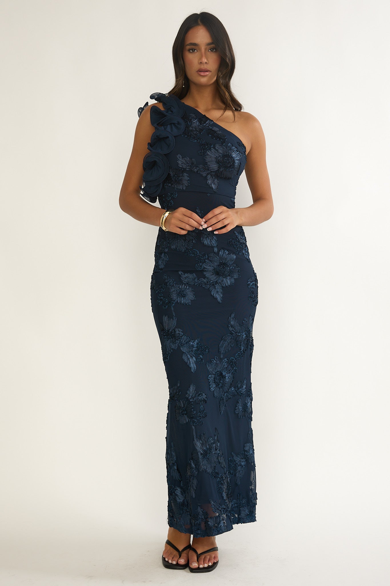 Deanna One-Shoulder Ruffle Maxi Dress Floral Navy by Selfie Leslie Australia