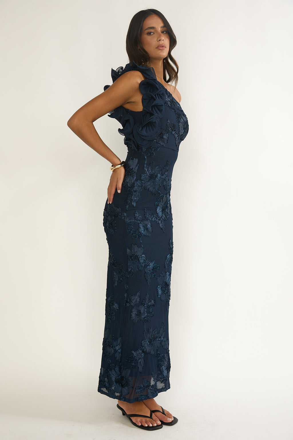 Deanna One-Shoulder Ruffle Maxi Dress Floral Navy by Selfie Leslie Australia