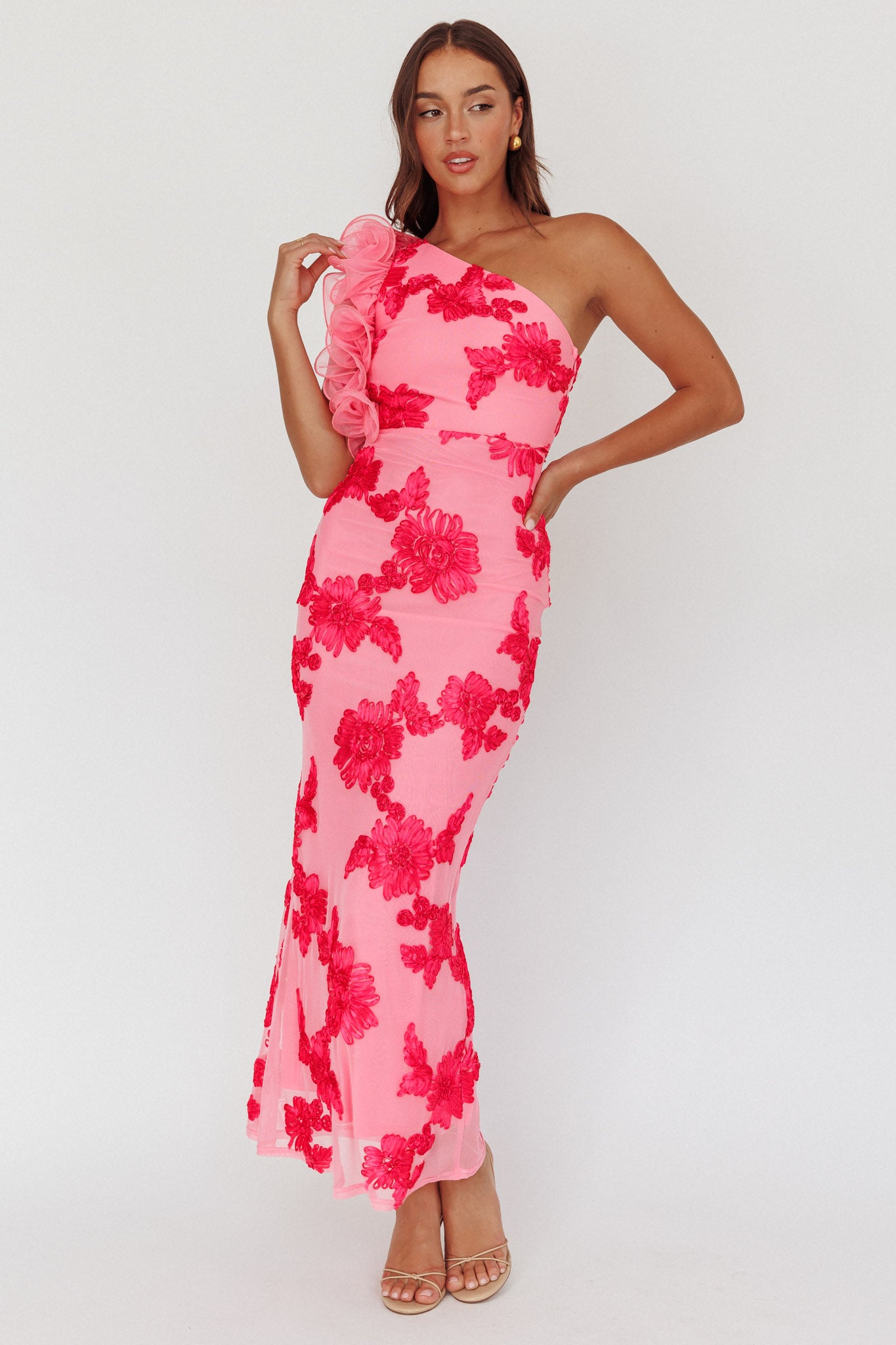 Deanna One-Shoulder Ruffle Maxi Dress Floral Pink by Selfie Leslie Australia
