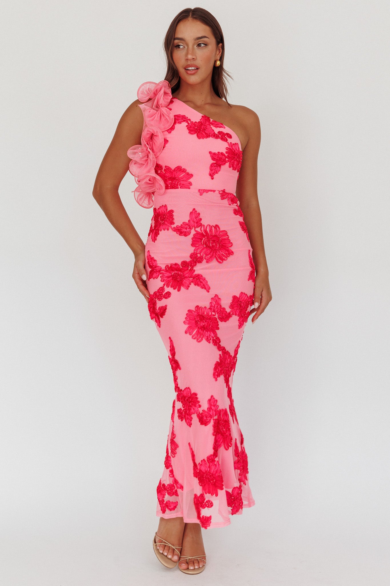Deanna One-Shoulder Ruffle Maxi Dress Floral Pink by Selfie Leslie Australia