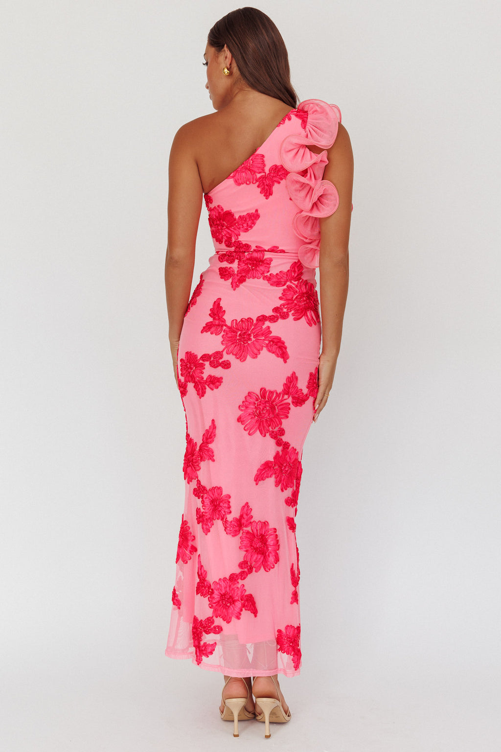 Deanna One-Shoulder Ruffle Maxi Dress Floral Pink by Selfie Leslie Australia