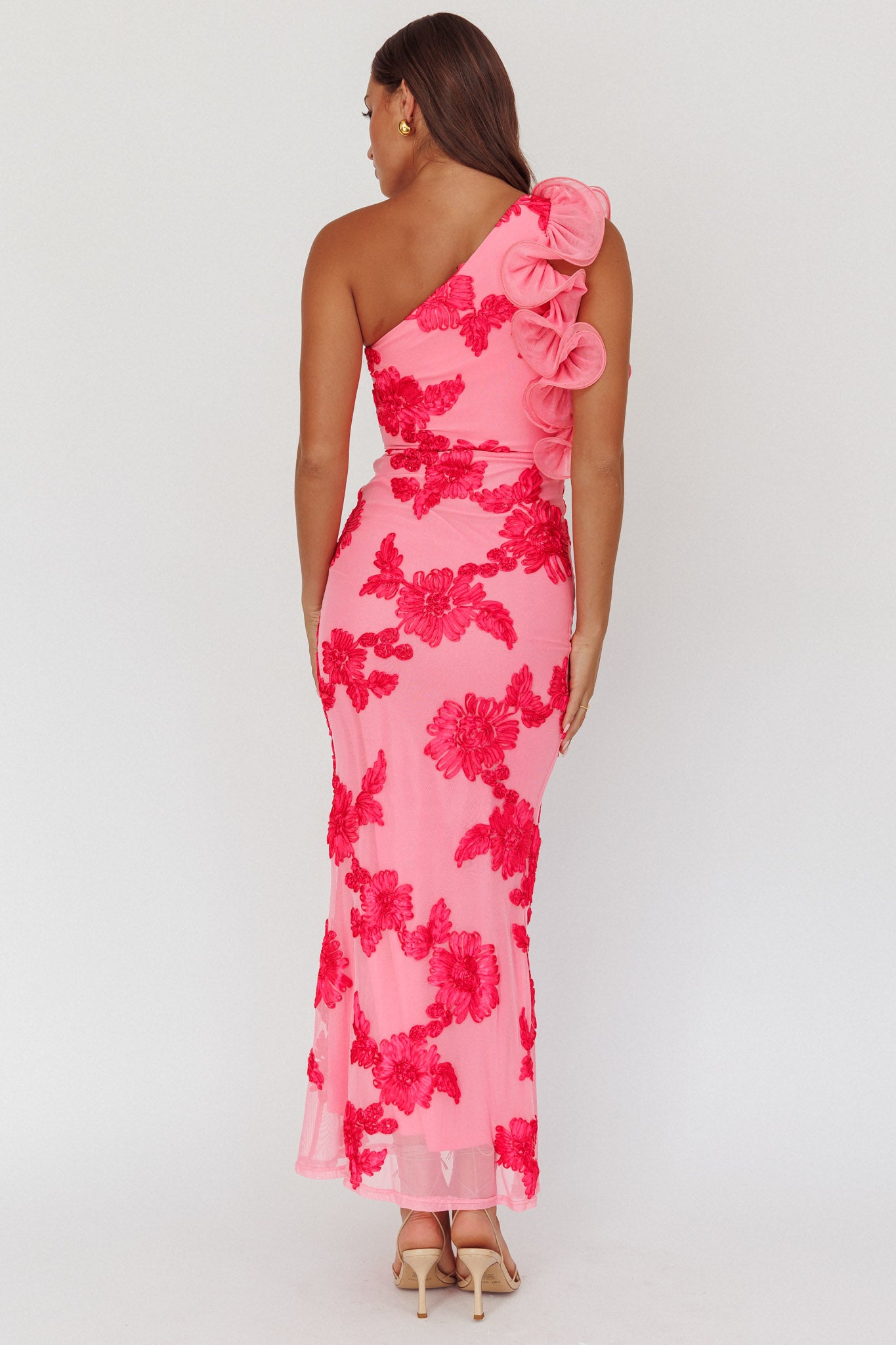 Deanna One-Shoulder Ruffle Maxi Dress Floral Pink by Selfie Leslie Australia