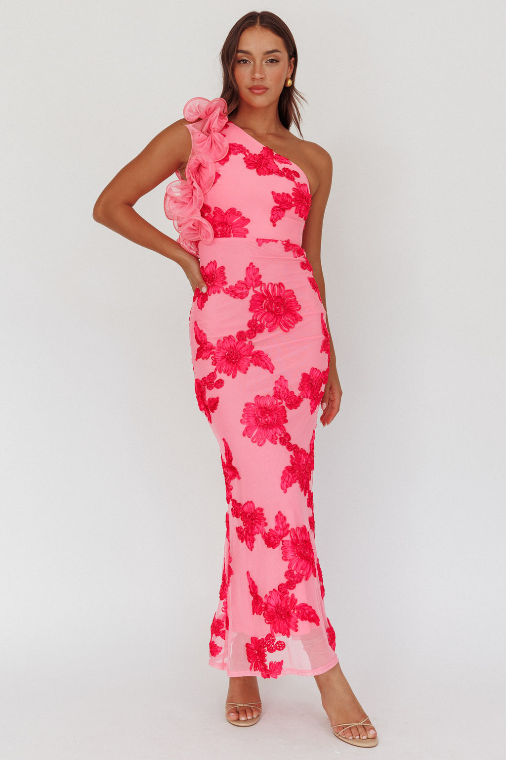 Deanna One-Shoulder Ruffle Maxi Dress Floral Pink by Selfie Leslie Australia