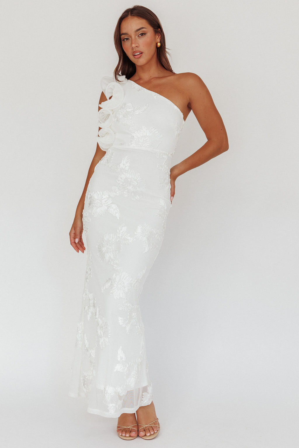 Deanna One-Shoulder Ruffle Maxi Dress Floral Texture White by Selfie Leslie Australia