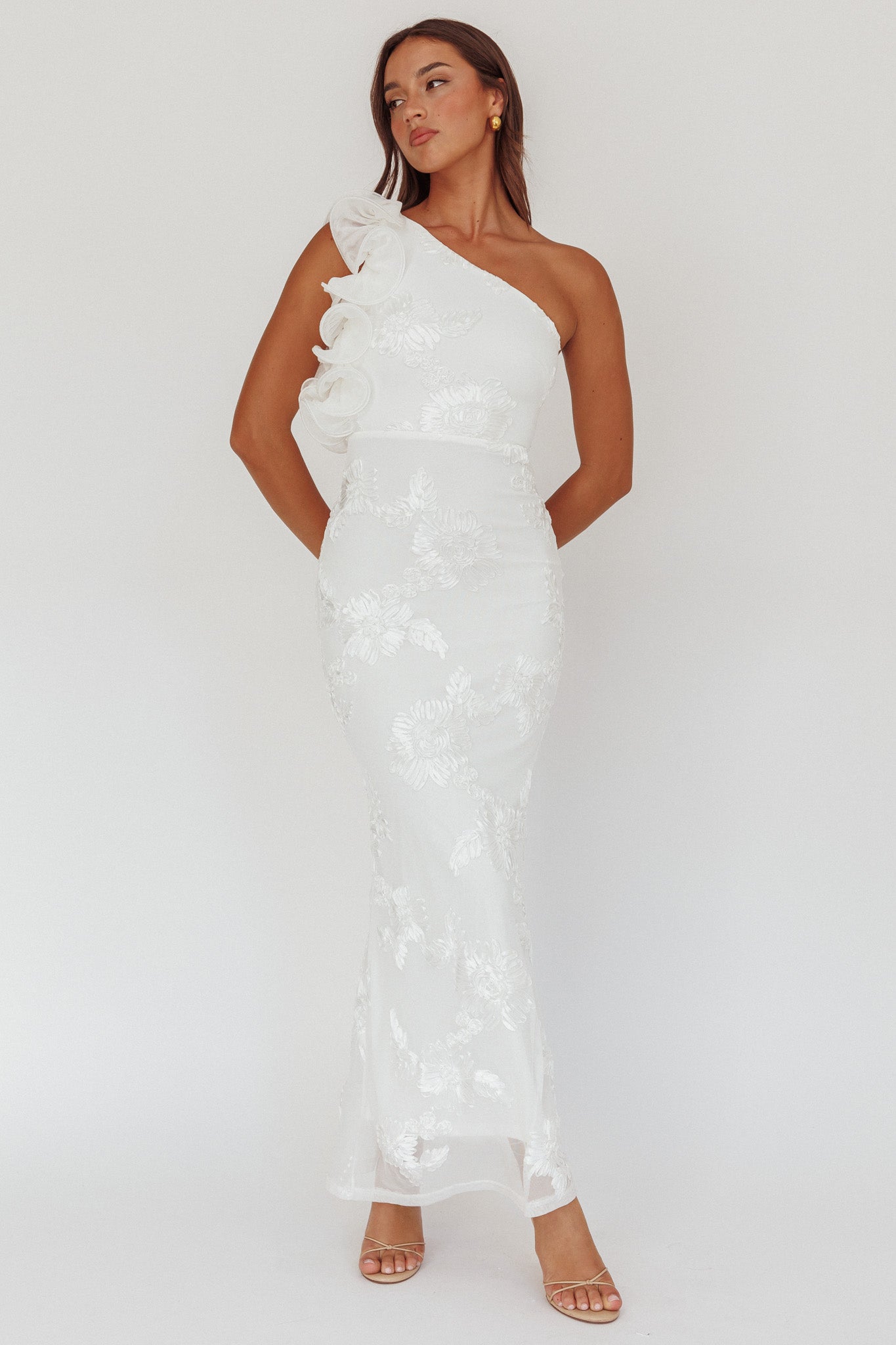 Deanna One-Shoulder Ruffle Maxi Dress Floral Texture White by Selfie Leslie Australia