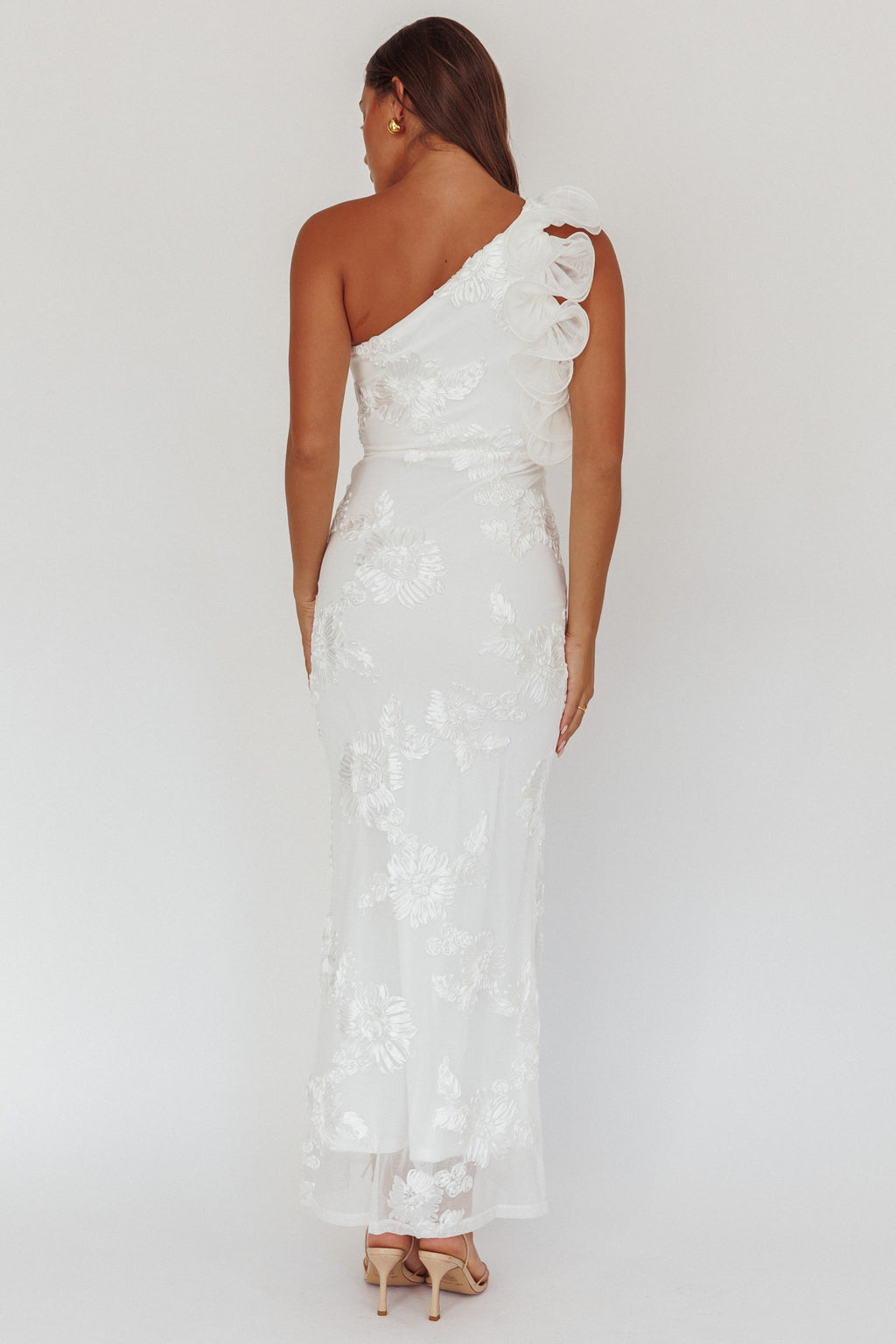 Deanna One-Shoulder Ruffle Maxi Dress Floral Texture White by Selfie Leslie Australia