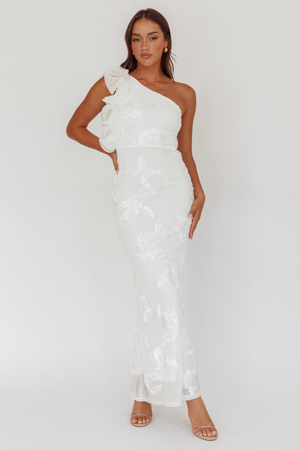 Deanna One-Shoulder Ruffle Maxi Dress Floral Texture White by Selfie Leslie Australia