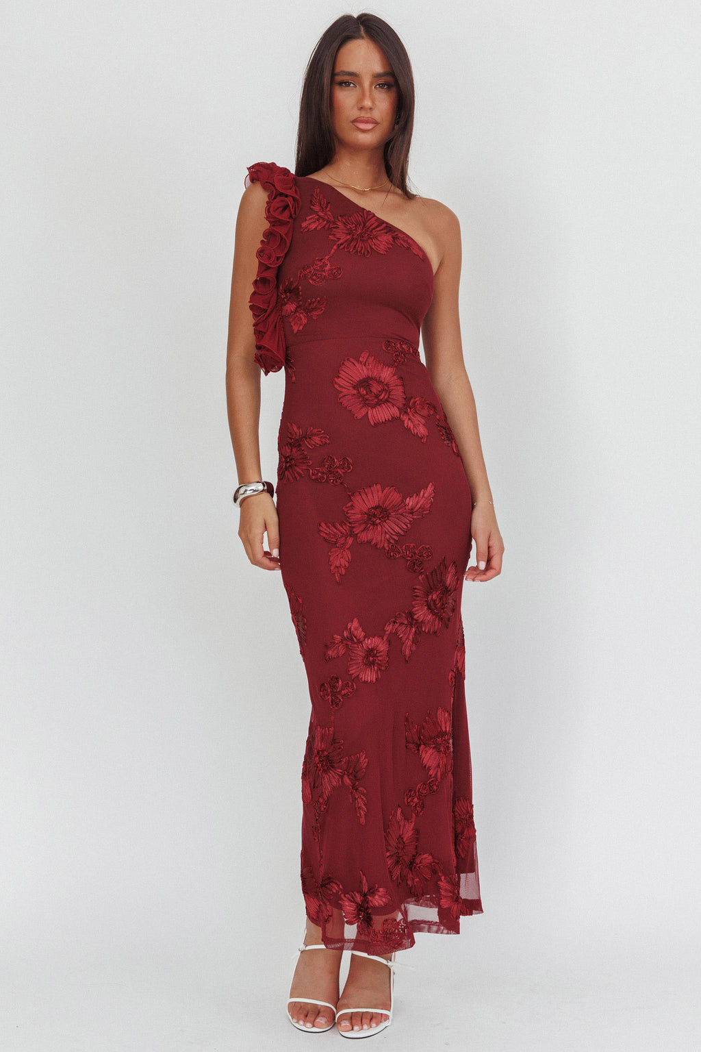 Deanna One-Shoulder Ruffle Maxi Dress Floral Texture Wine by Selfie Leslie Australia