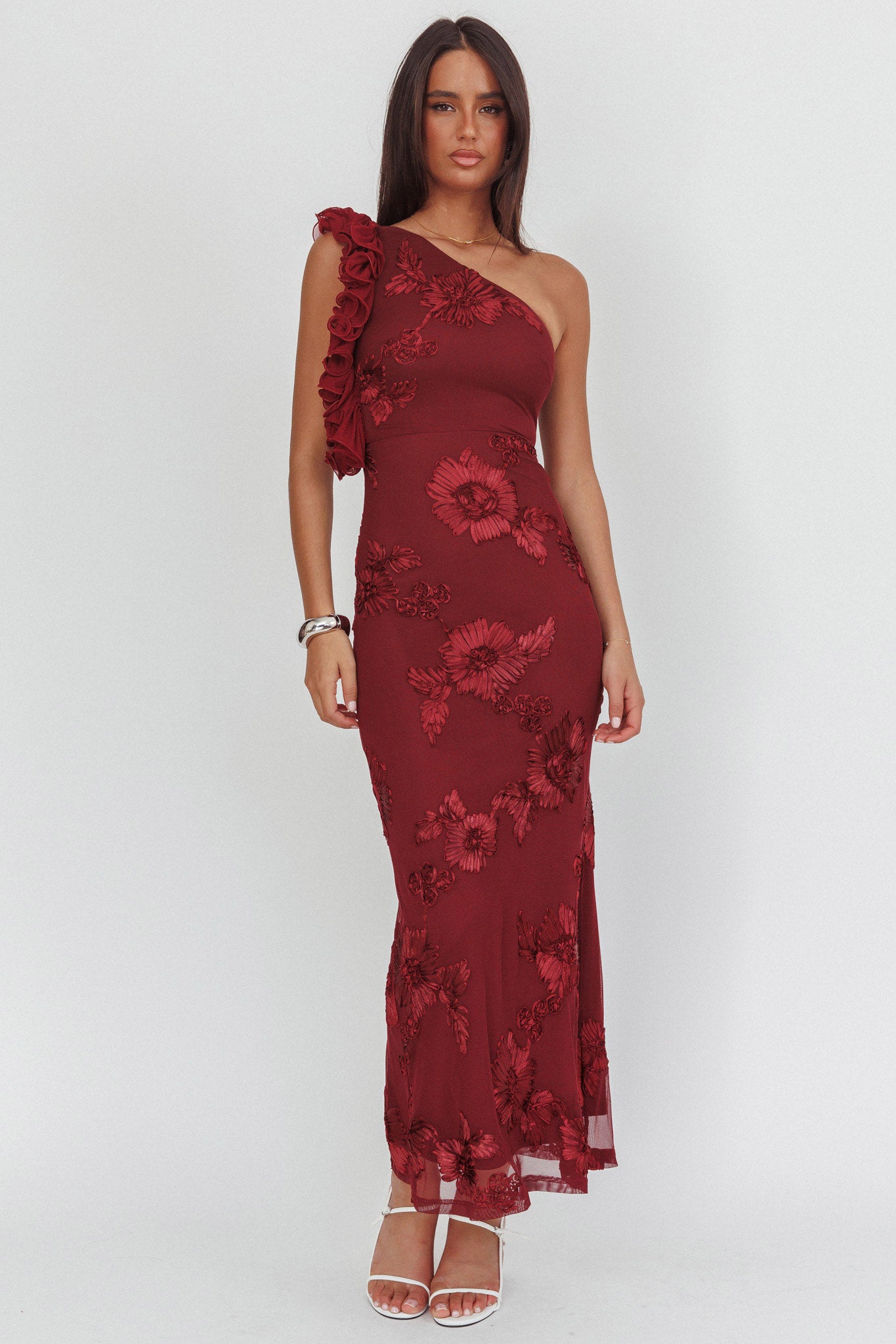 Deanna One-Shoulder Ruffle Maxi Dress Floral Texture Wine by Selfie Leslie Australia