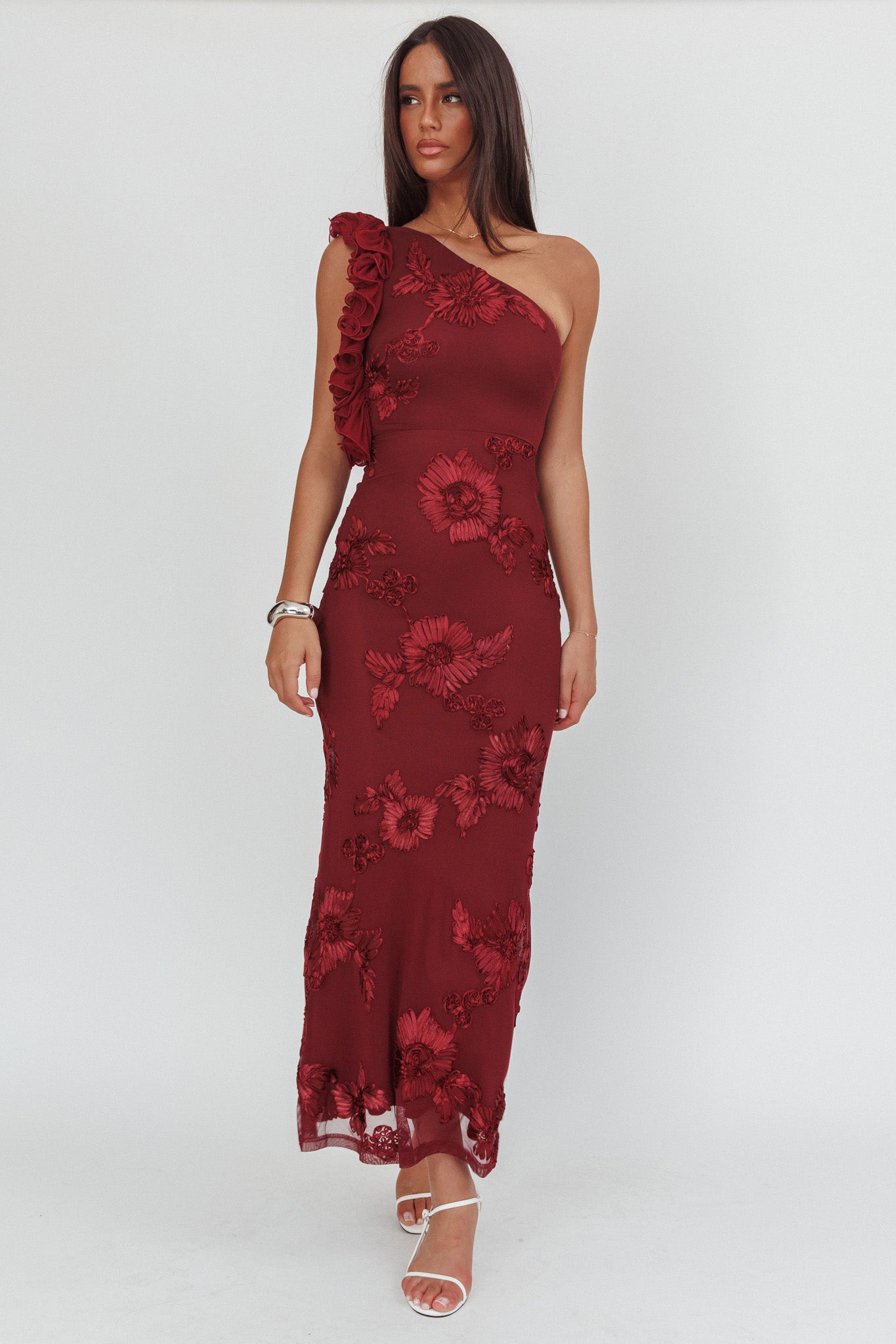 Deanna One-Shoulder Ruffle Maxi Dress Floral Texture Wine by Selfie Leslie Australia