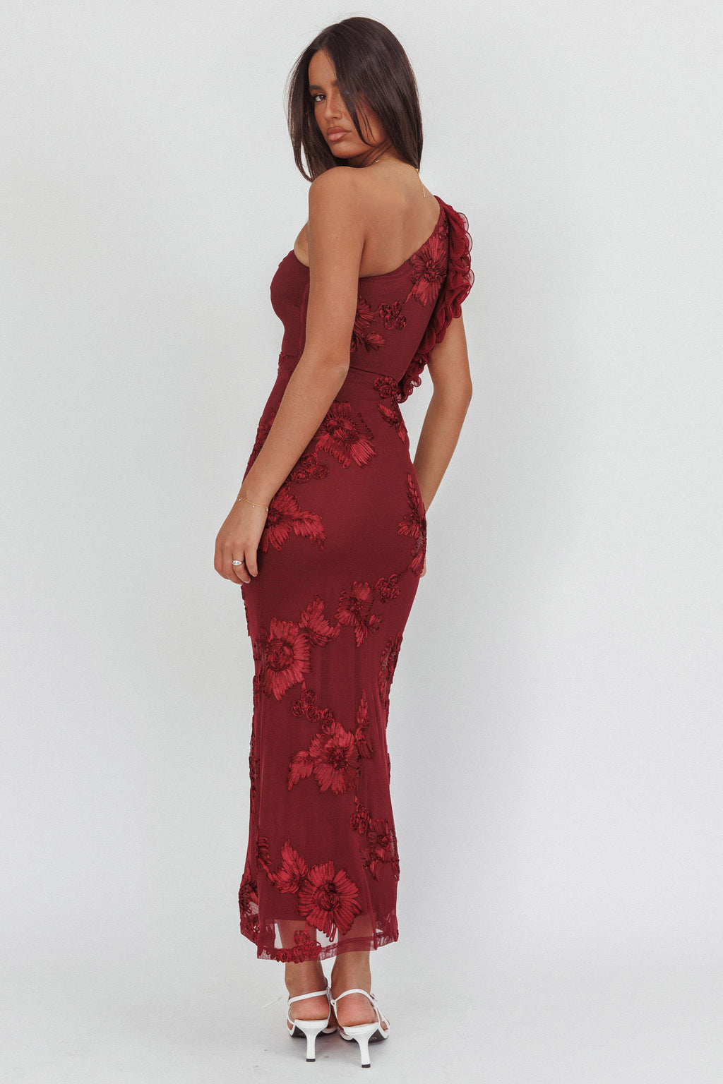 Deanna One-Shoulder Ruffle Maxi Dress Floral Texture Wine by Selfie Leslie Australia