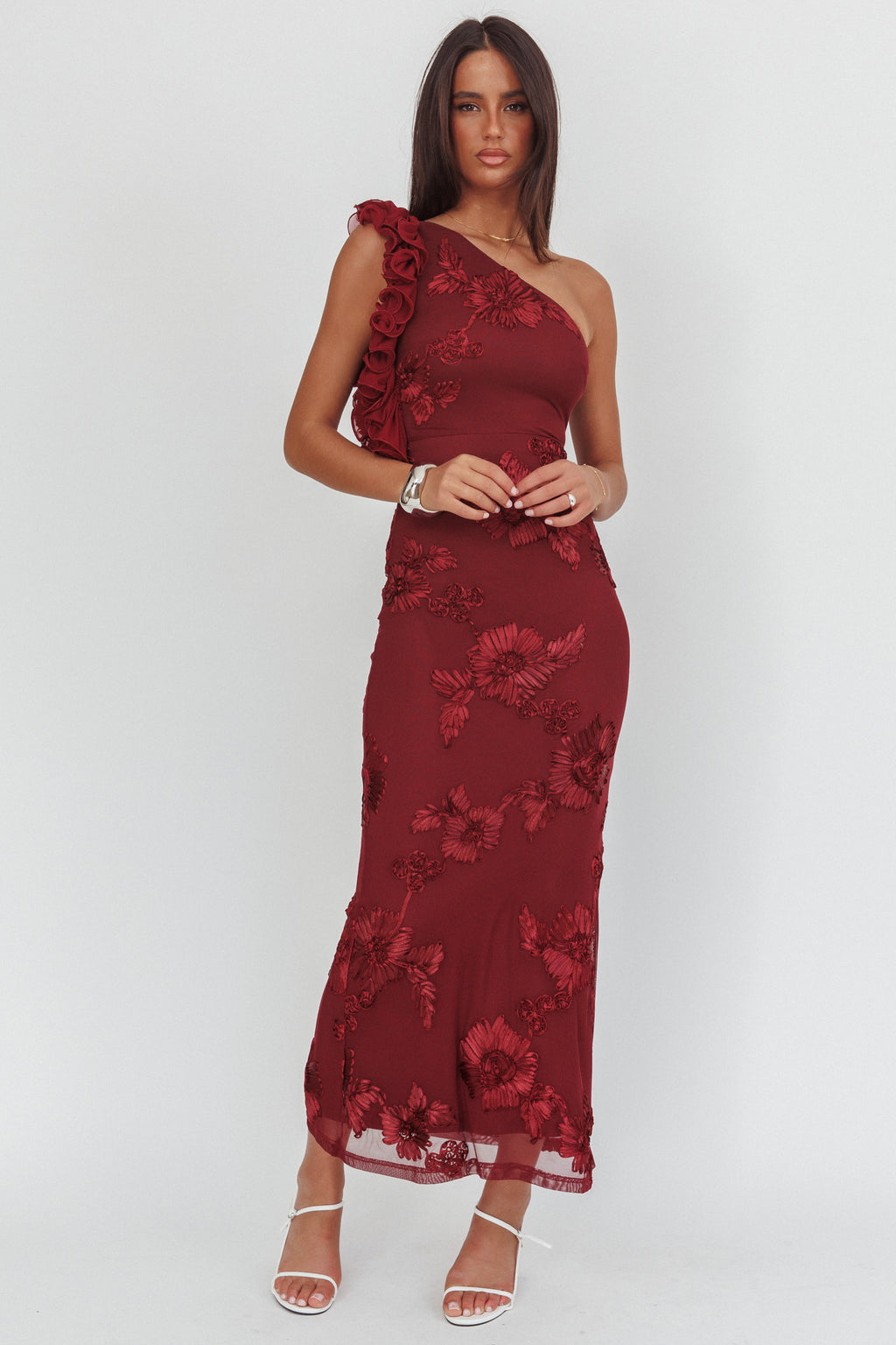 Deanna One-Shoulder Ruffle Maxi Dress Floral Texture Wine by Selfie Leslie Australia