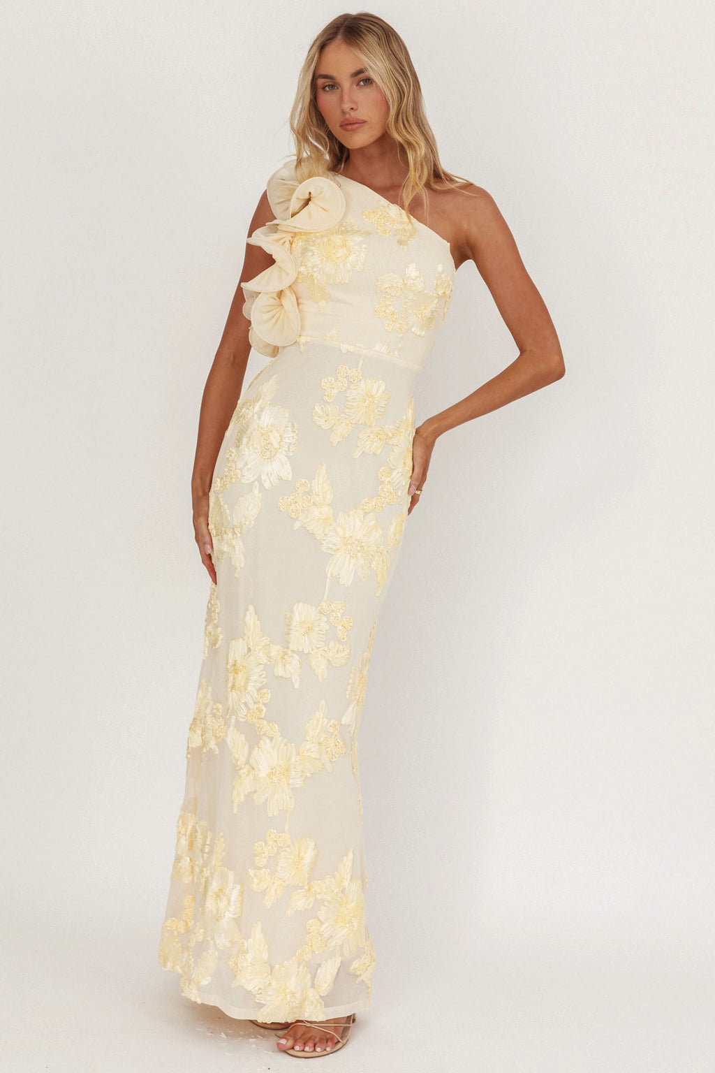 Deanna One-Shoulder Ruffle Maxi Dress Floral Texture Yellow by Selfie Leslie Australia
