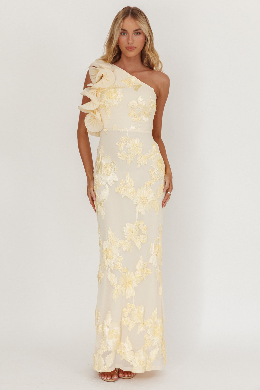 Deanna One-Shoulder Ruffle Maxi Dress Floral Texture Yellow by Selfie Leslie Australia