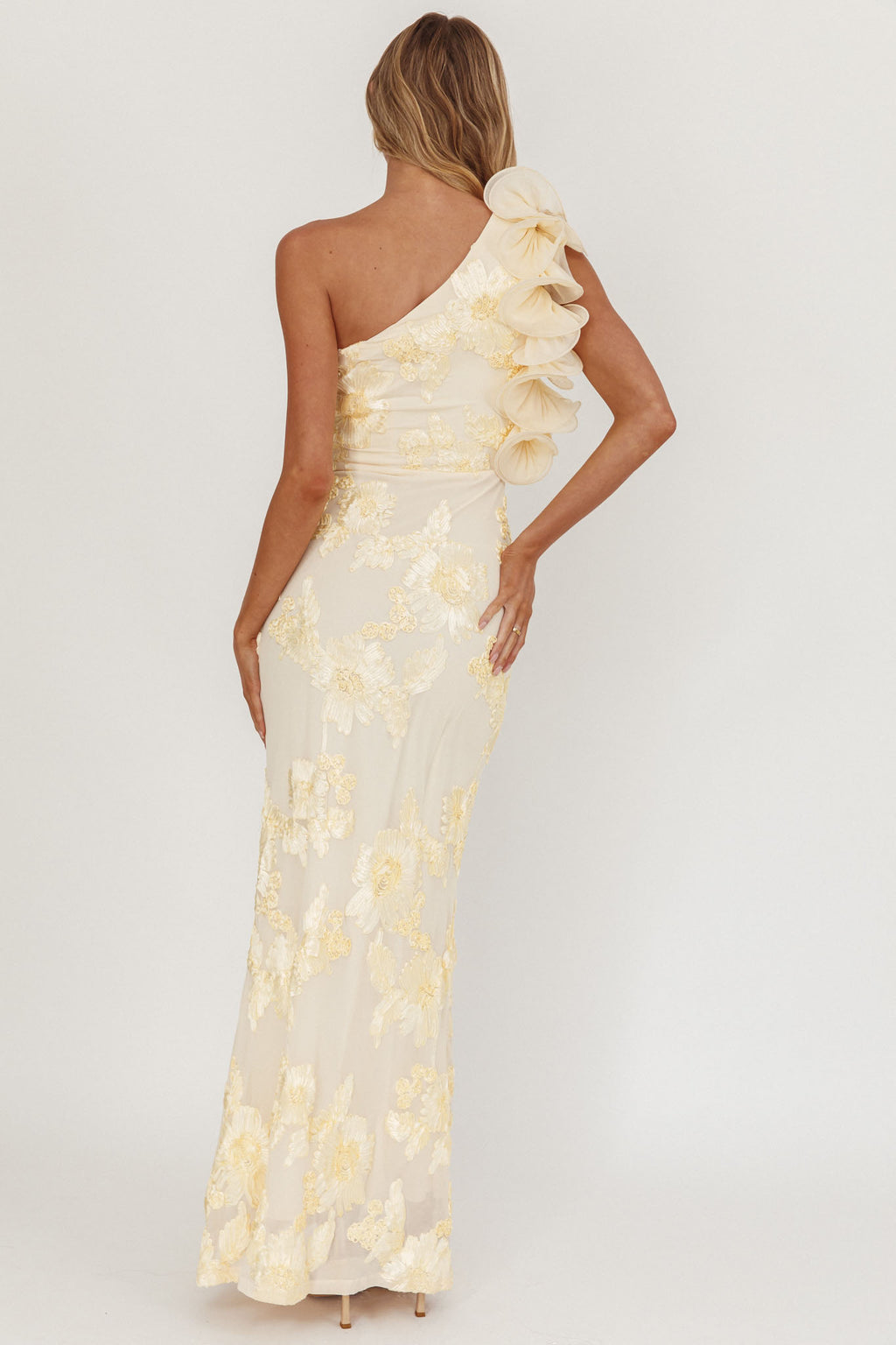 Deanna One-Shoulder Ruffle Maxi Dress Floral Texture Yellow by Selfie Leslie Australia