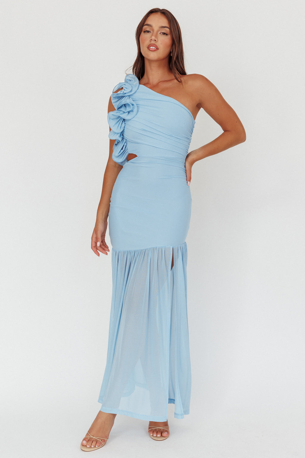 Deanna One-Shoulder Sheer Hem Maxi Dress Blue by Selfie Leslie Australia
