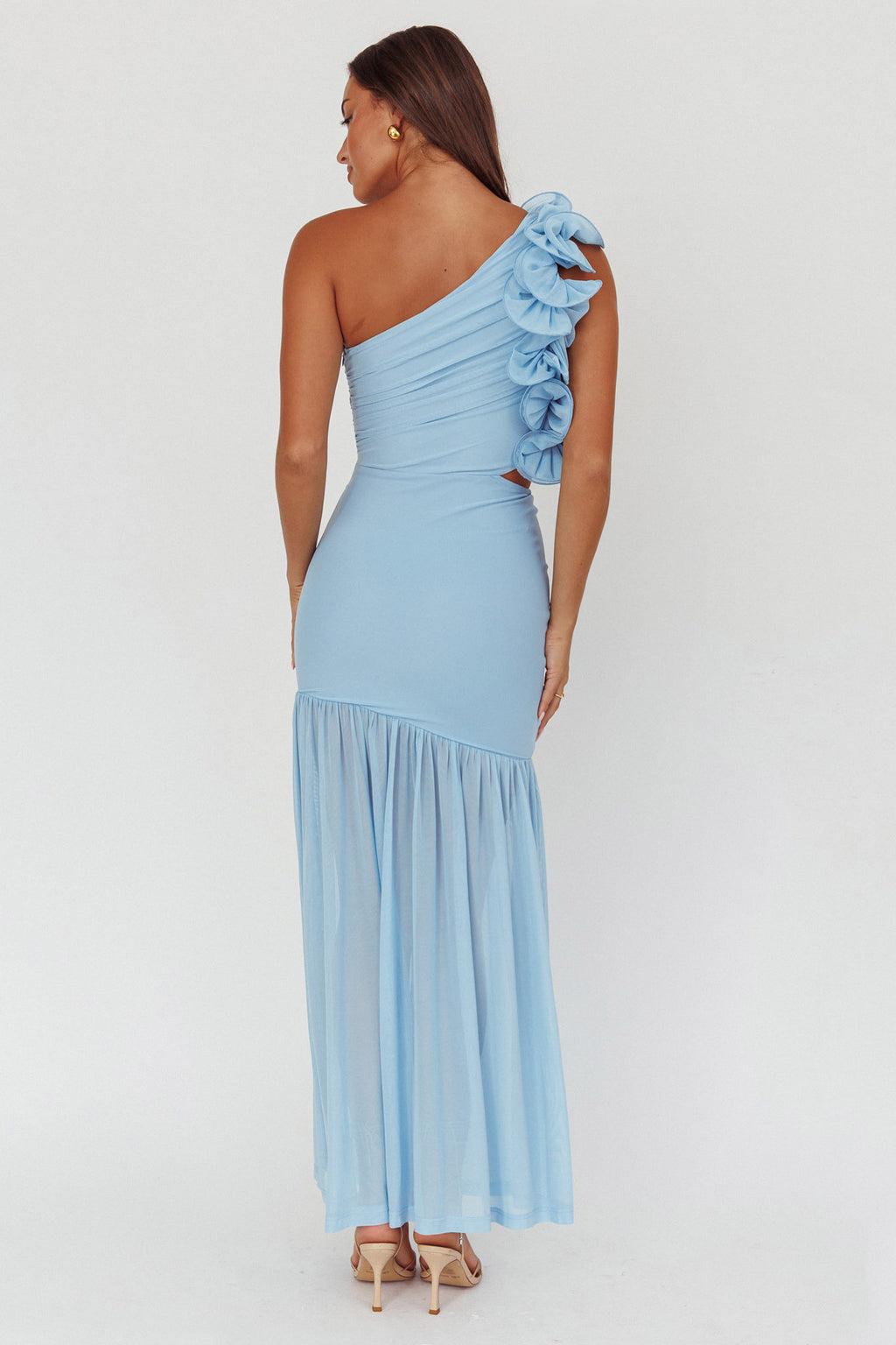 Deanna One-Shoulder Sheer Hem Maxi Dress Blue by Selfie Leslie Australia