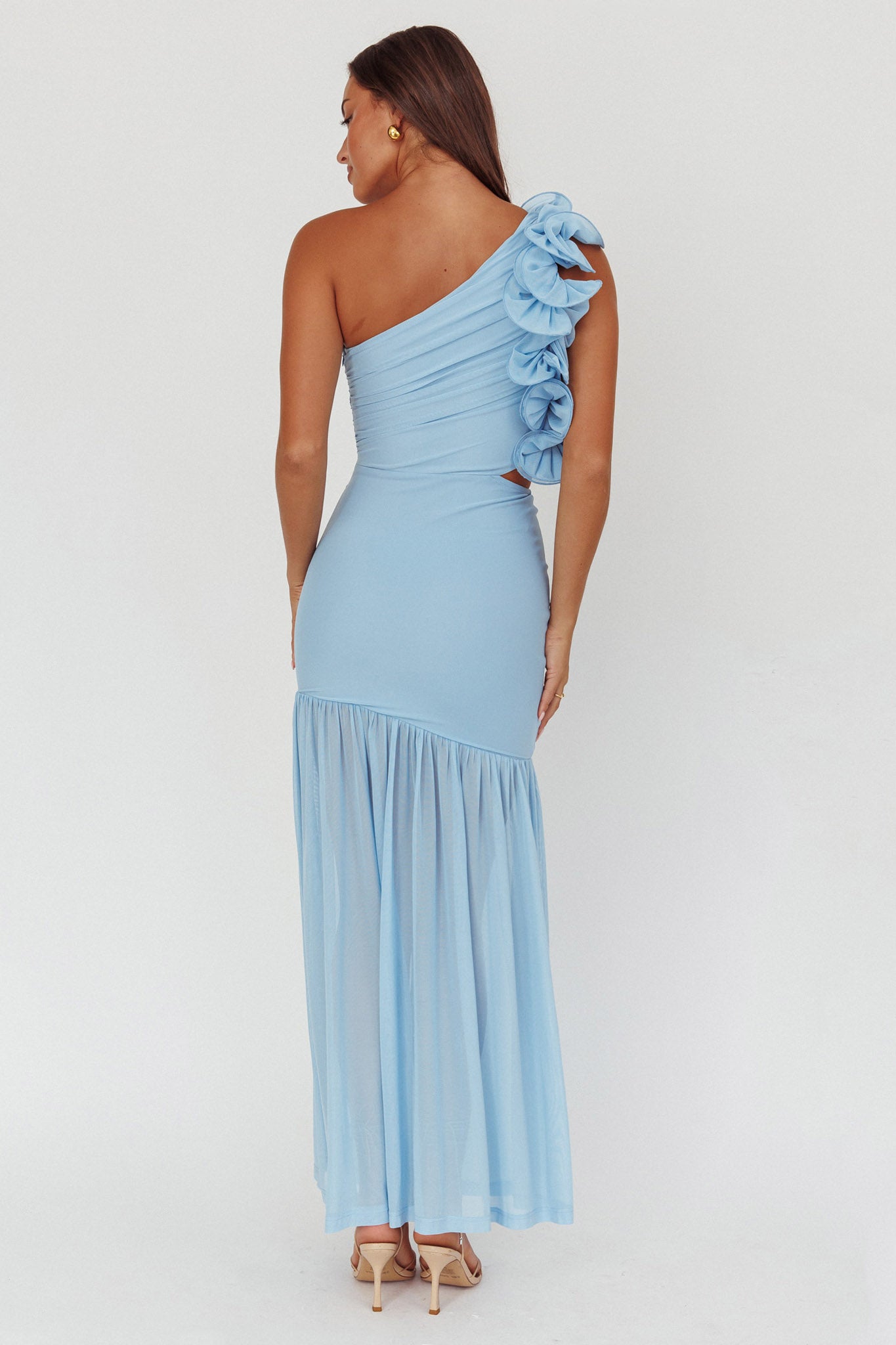Deanna One-Shoulder Sheer Hem Maxi Dress Blue by Selfie Leslie Australia