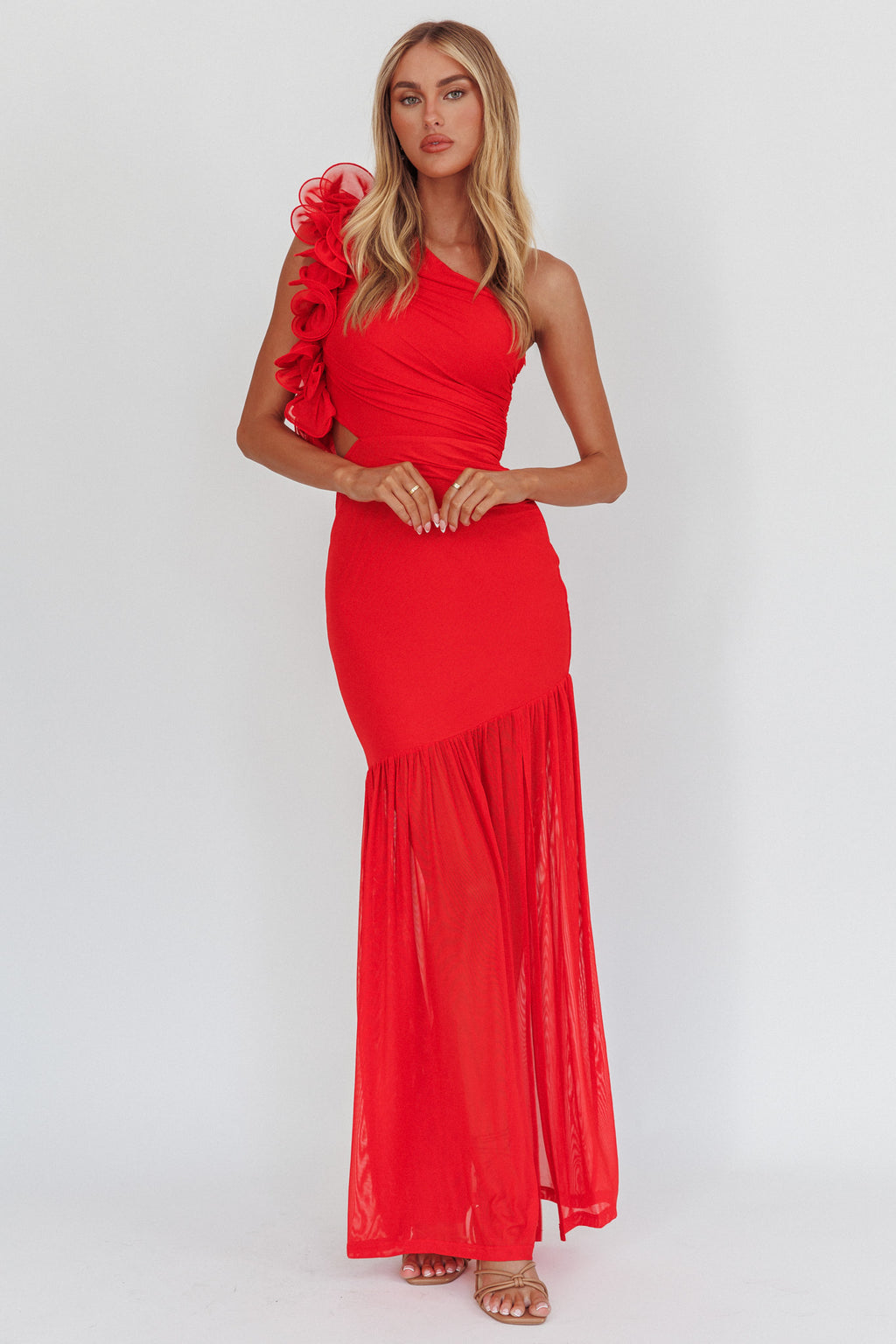 Deanna One-Shoulder Sheer Hem Maxi Dress Red by Selfie Leslie Australia