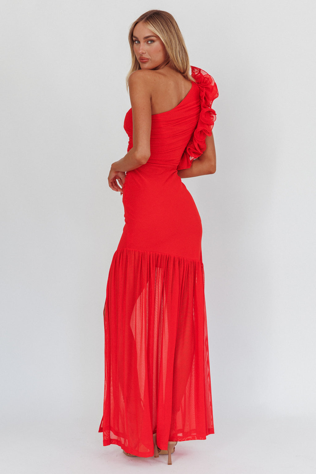 Deanna One-Shoulder Sheer Hem Maxi Dress Red by Selfie Leslie Australia
