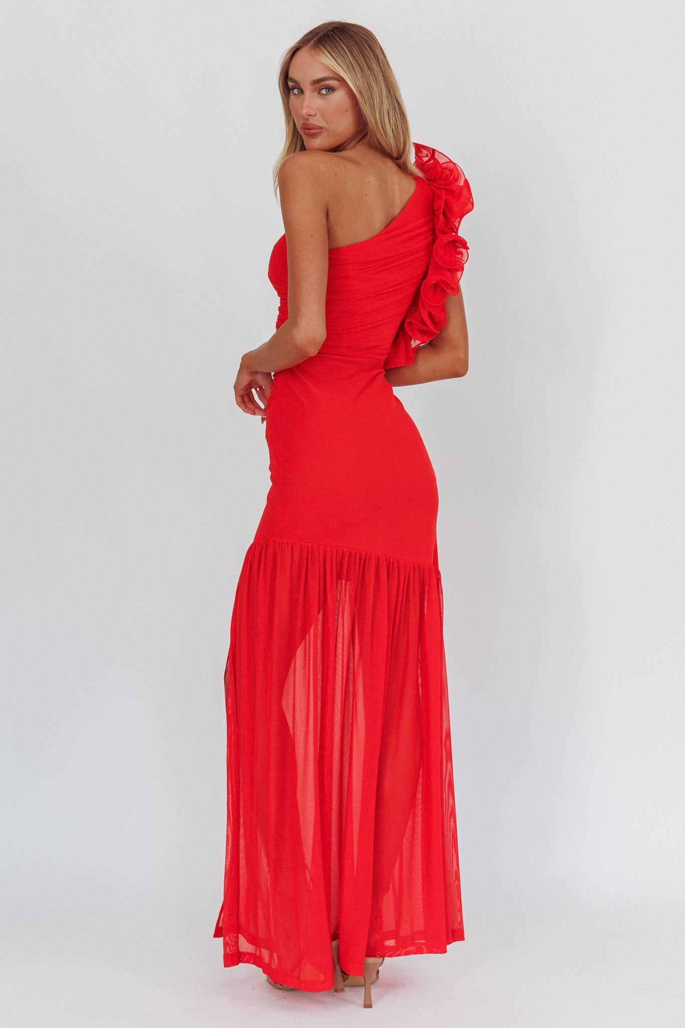 Deanna One-Shoulder Sheer Hem Maxi Dress Red by Selfie Leslie Australia