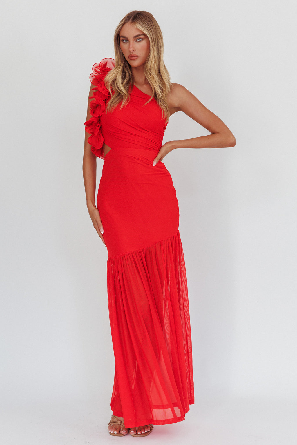 Deanna One-Shoulder Sheer Hem Maxi Dress Red by Selfie Leslie Australia