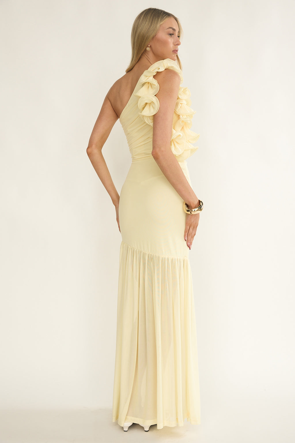 Deanna One-Shoulder Sheer Hem Maxi Dress Yellow by Selfie Leslie Australia