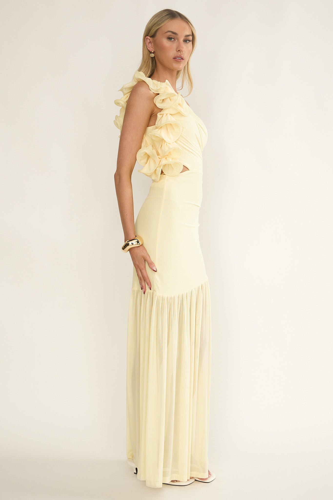 Deanna One-Shoulder Sheer Hem Maxi Dress Yellow by Selfie Leslie Australia