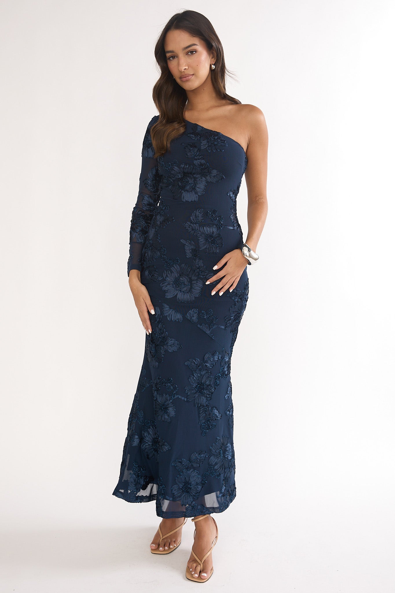 Deanna One-Shoulder Sleeve Maxi Dress Embellished Navy by Selfie Leslie Australia