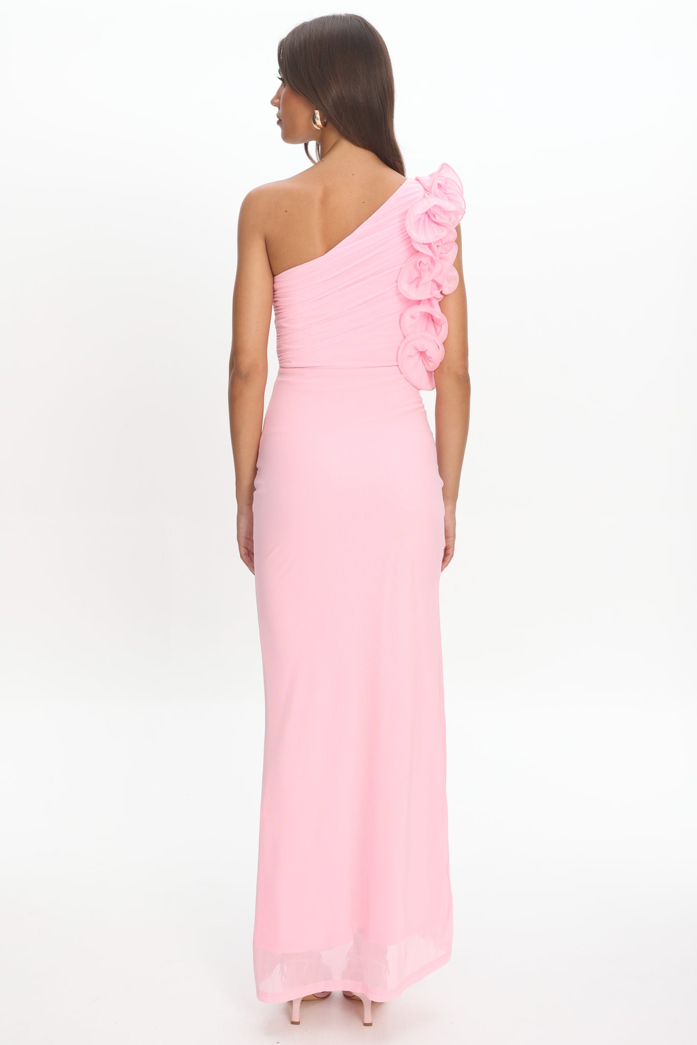 Deanna One-Shoulder Split Ruffle Maxi Dress Baby Pink by Selfie Leslie Australia