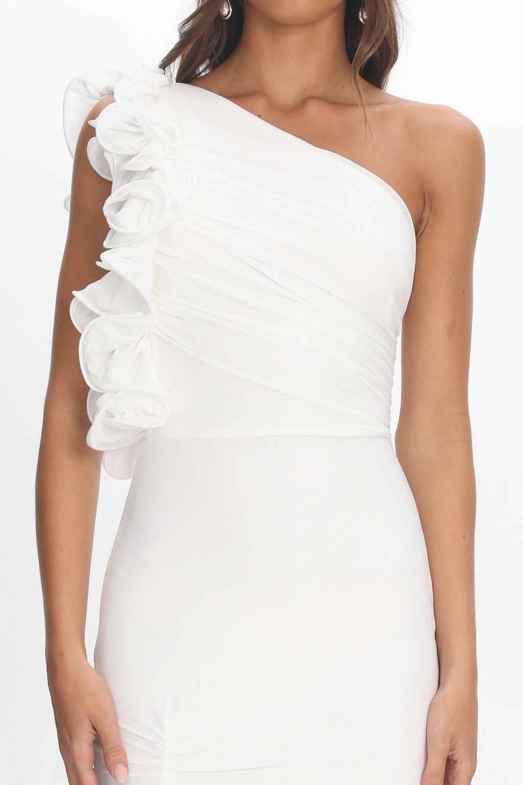 Deanna One-Shoulder Split Ruffle Maxi Dress Off White by Selfie Leslie Australia