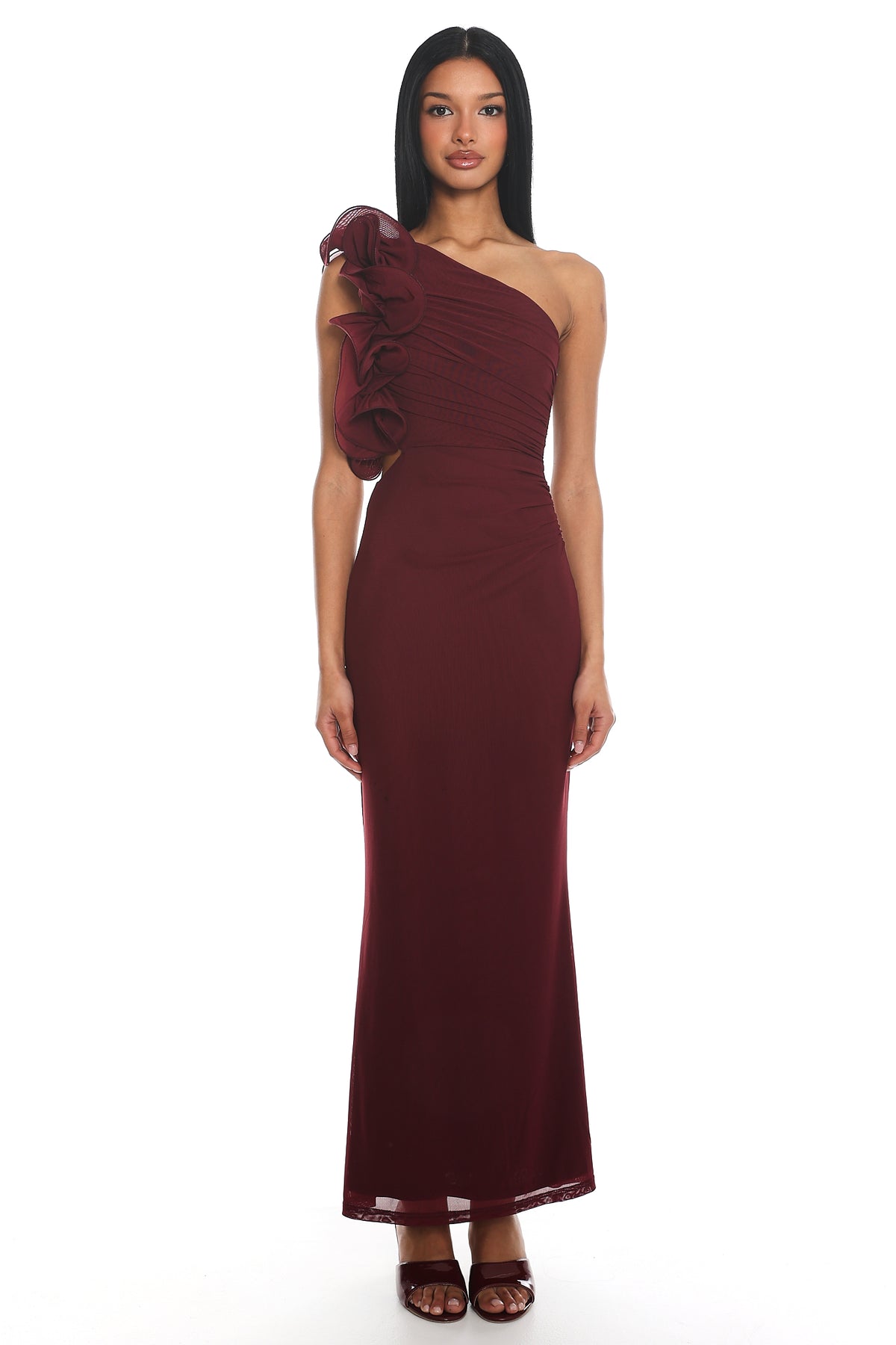 Deanna One-Shoulder Ruffle Maxi Dress Wine by Selfie Leslie Australia